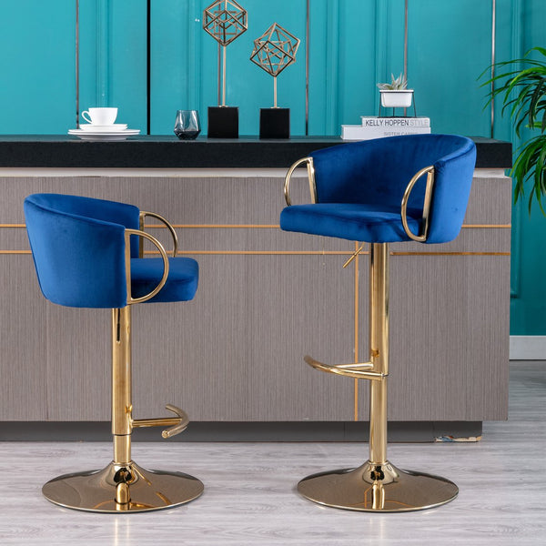 English Elm Set of 2 Velvet Bar Stools with Gold Legs, Swivel Height-Adjustable Seats and Chrome Footrest Comfortably Stylish Seating for Kitchen Island and Home Bar Navy W124959225