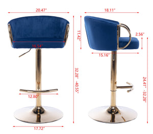 English Elm Set of 2 Velvet Bar Stools with Gold Legs, Swivel Height-Adjustable Seats and Chrome Footrest Comfortably Stylish Seating for Kitchen Island and Home Bar Navy W124959225
