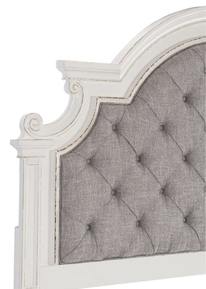English Elm Antique Baylesford Queen Bed with Button-Tufted Dark Gray Fabric Headboard, Antique White Rub Finish, Romantic Bedroom Statement Piece B011S00185