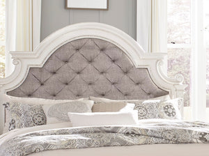 English Elm Antique Baylesford Queen Bed with Button-Tufted Dark Gray Fabric Headboard, Antique White Rub Finish, Romantic Bedroom Statement Piece B011S00185