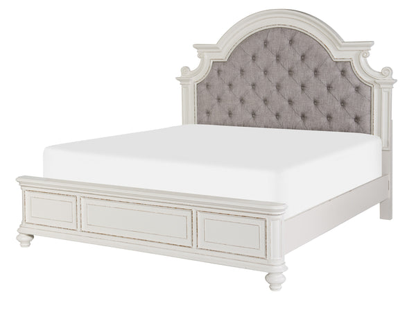 English Elm Antique Baylesford Queen Bed with Button-Tufted Dark Gray Fabric Headboard, Antique White Rub Finish, Romantic Bedroom Statement Piece B011S00185