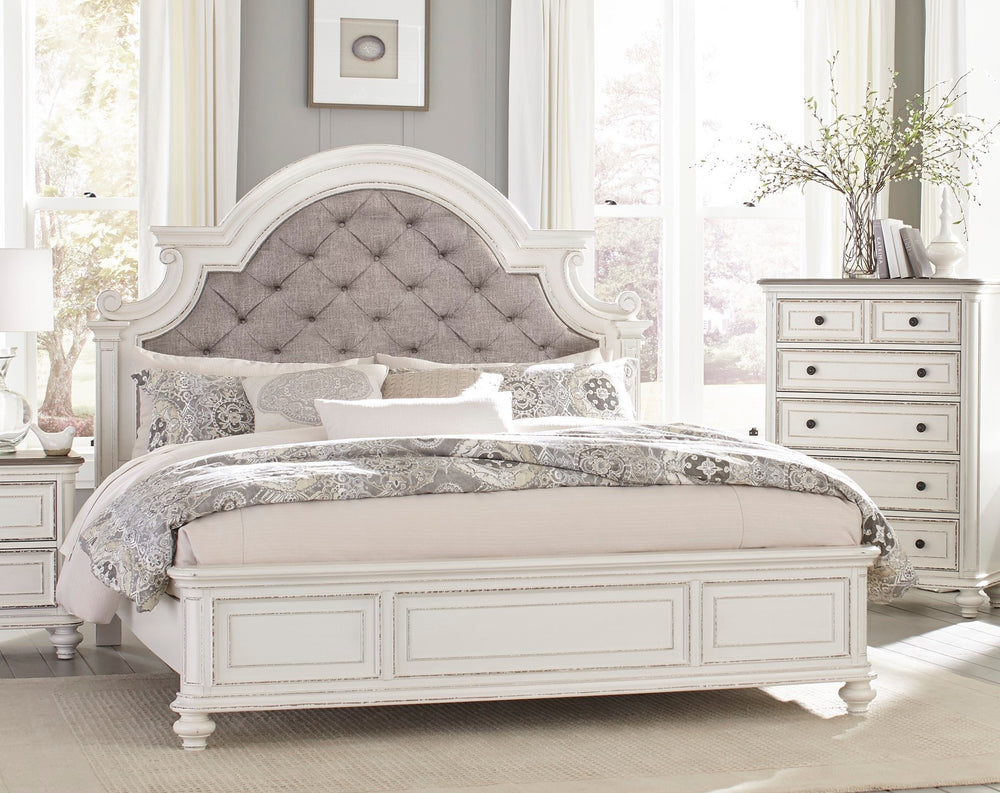 English Elm Antique Baylesford Queen Bed with Button-Tufted Dark Gray Fabric Headboard, Antique White Rub Finish, Romantic Bedroom Statement Piece B011S00185