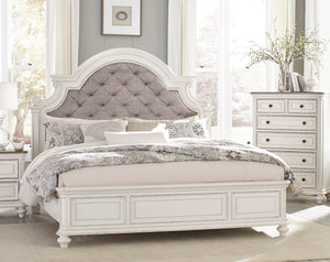 English Elm Antique Baylesford Queen Bed with Button-Tufted Dark Gray Fabric Headboard, Antique White Rub Finish, Romantic Bedroom Statement Piece B011S00185