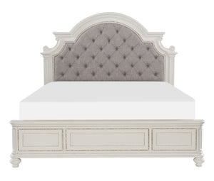 English Elm Antique Baylesford Queen Bed with Button-Tufted Dark Gray Fabric Headboard, Antique White Rub Finish, Romantic Bedroom Statement Piece B011S00185