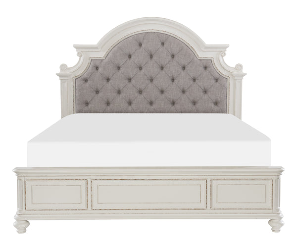 English Elm Antique Baylesford Queen Bed with Button-Tufted Dark Gray Fabric Headboard, Antique White Rub Finish, Romantic Bedroom Statement Piece B011S00185