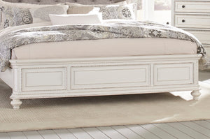 English Elm Antique Baylesford Queen Bed with Button-Tufted Dark Gray Fabric Headboard, Antique White Rub Finish, Romantic Bedroom Statement Piece B011S00185