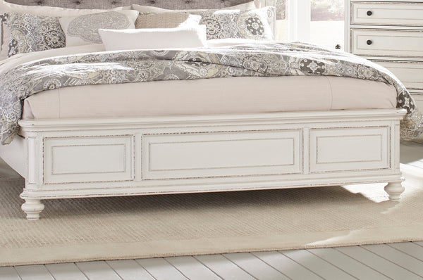 English Elm Antique Baylesford Queen Bed with Button-Tufted Dark Gray Fabric Headboard, Antique White Rub Finish, Romantic Bedroom Statement Piece B011S00185