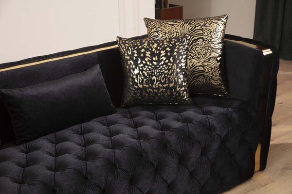 English Elm Button Naomi Velvet Tufted Sofa in Black with Gold Accents, High-Density Foam, Spring Support, Luxe Pillows G150109207