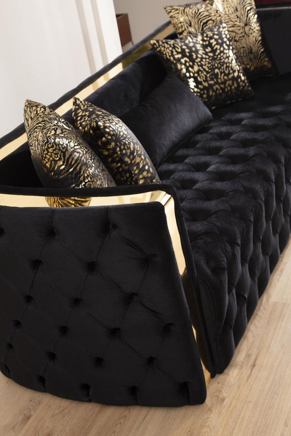 English Elm Naomi Velvet Button-Tufted 2Pc Sofa & Loveseat Set in Black with Gold Accents, Plush Comfort B009S00948
