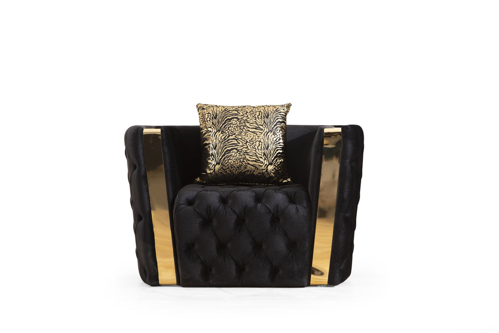 English Elm Naomi Velvet Button-Tufted Accent Chair in Black with Gold Accents, Plush Foam & Matching Pillow (30"H) G150109211