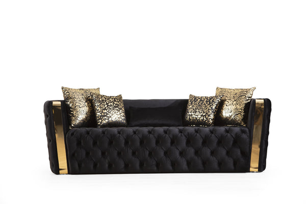 English Elm Naomi Luxurious 3PC Velvet Sofa Set in Black with Button Tufting, Gold Accents & Plush Support B009S01950