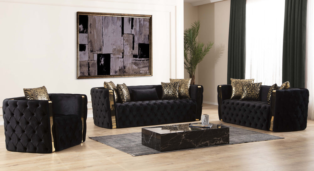 English Elm Naomi Velvet Button-Tufted Loveseat in Black with Gold Accents, Modern Luxe Sofa, Cozy Support G150109209