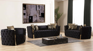 English Elm Naomi Button-Tufted 3PC Velvet Sofa Set in Black with Gold Accents, Pillows & High-Density Foam Support B009S00949