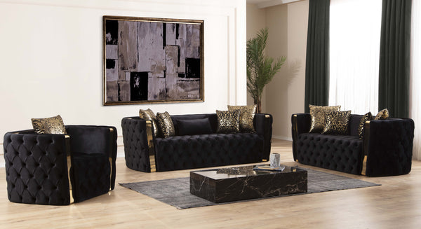 English Elm Naomi Button-Tufted 3PC Velvet Sofa Set in Black with Gold Accents, Pillows & High-Density Foam Support B009S00949