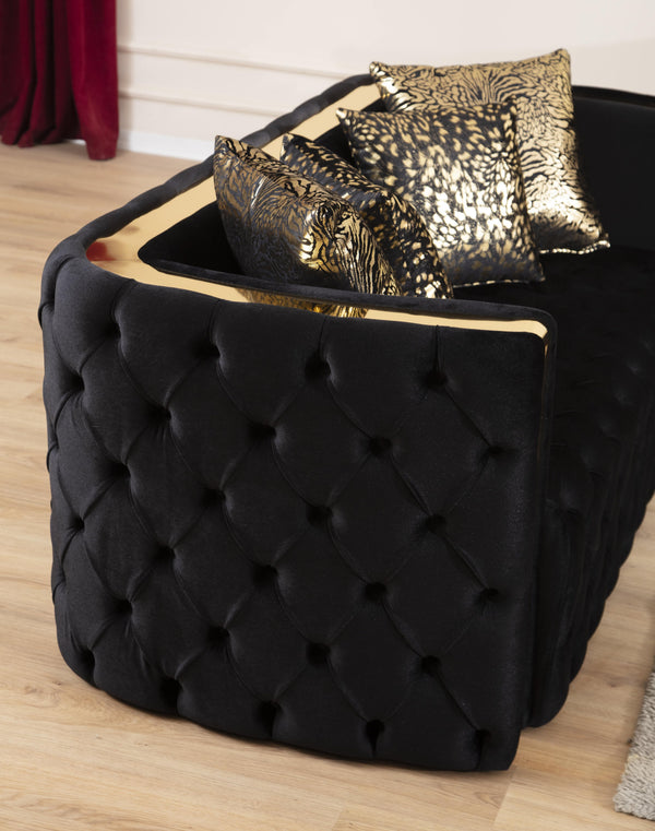 English Elm Naomi Velvet Button-Tufted Loveseat in Black with Gold Accent Arms, Modern Luxury Seating, Cozy Durable Comfort B00961119