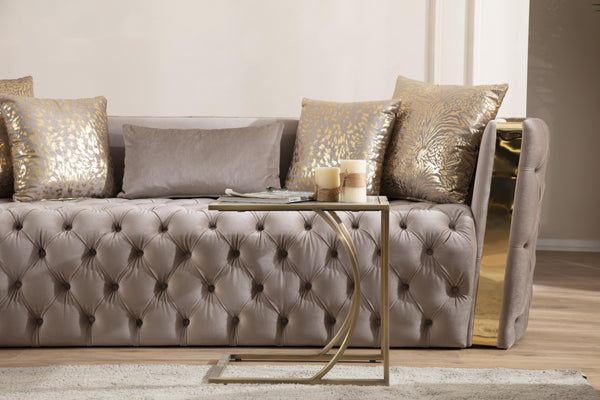 English Elm Naomi Velvet Button-Tufted Sofa in Taupe with Gold Accents, High-Density Foam & Accent Pillows G150109208