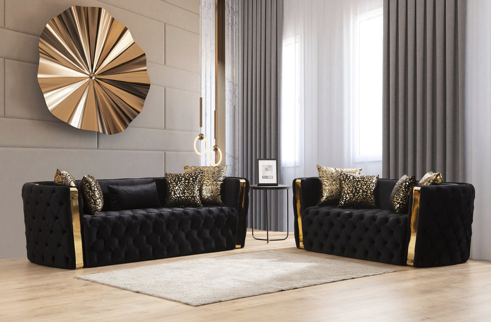 English Elm Naomi Velvet Button-Tufted 2Pc Sofa & Loveseat Set in Black with Gold Accents, Plush Comfort B009S00948