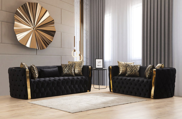 English Elm Naomi Luxurious 2PC Button-Tufted Velvet Sofa & Loveseat Set with Gold Accents, Black or White Elegance B009S01952