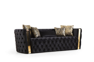 English Elm Naomi Velvet Button-Tufted 2Pc Sofa & Loveseat Set in Black with Gold Accents, Plush Comfort B009S00948