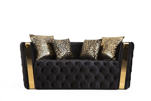 English Elm Naomi Velvet Button-Tufted Loveseat in Black with Gold Accent Arms, Modern Luxury Seating, Cozy Durable Comfort B00961119