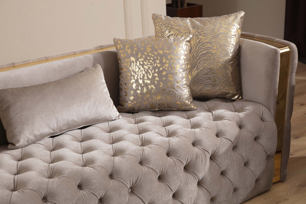 English Elm Naomi Velvet Button-Tufted 3Pc Living Room Set in Taupe with Gold Accents, Pillows & Spring Support B009S01951