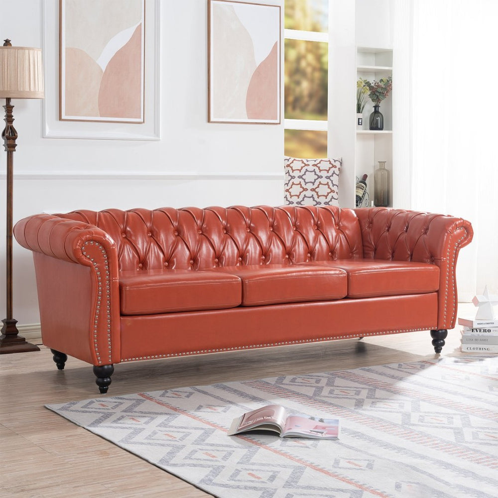 English Elm 84.65" Tufted Pu Leather Chesterfield Sofa with Pocket Spring Support for Living Rooms W68056682