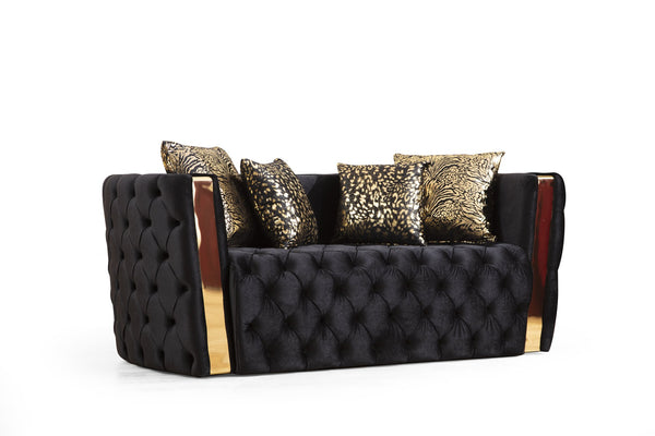 English Elm Naomi Velvet Button-Tufted Loveseat in Black with Gold Accent Arms, Modern Luxury Seating, Cozy Durable Comfort B00961119
