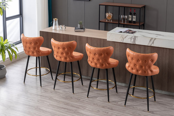 English Elm A&A Modern 25" Counter Height Bar Stools Set of 2 — Orange Leathaire Tufted Swivel Seats with Gold Trim W114353782