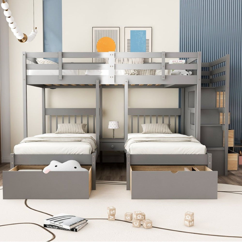 English Elm Full Over Twin Triple Bunk Bed Pine Wood Frame with Storage Drawers and Guardrails LT000443AAE-1