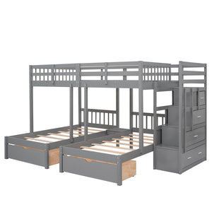 English Elm Full Over Twin Triple Bunk Bed Pine Wood Frame with Storage Drawers and Guardrails LT000443AAE-1