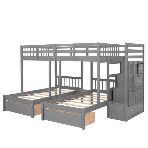 English Elm Full Over Twin Triple Bunk Bed Pine Wood Frame with Storage Drawers and Guardrails LT000443AAE-2