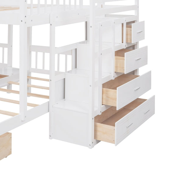 English Elm Full Over Twin Triple Bunk Bed Pine Wood Frame with Storage Drawers and Guardrails LT000443AAK-2