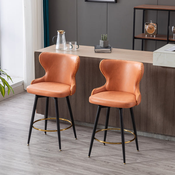 English Elm A&A 25" Counter Height Swivel Bar Stools Set of 2 — Tufted Orange Leathaire Seats, Gold Nailheads, Metal Legs W114353782