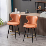 English Elm ,Counter Height 25" Modern Leathaire Fabric Bar Chairs,180° Swivel Bar Stool Chair For Kitchen,Tufted Gold Nailhead Trim Bar Stools With Metal Legs,Set Of 2 (Orange)