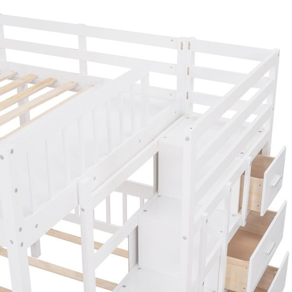 English Elm Full Over Twin Triple Bunk Bed Pine Wood Frame with Storage Drawers and Guardrails LT000443AAK-1