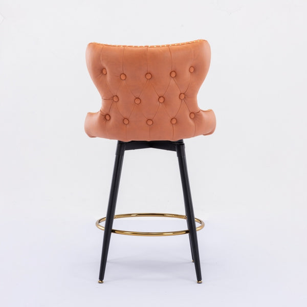 English Elm A&A 25" Counter Height Swivel Bar Stools Set of 2 — Tufted Orange Leathaire Seats, Gold Nailheads, Metal Legs W114353782