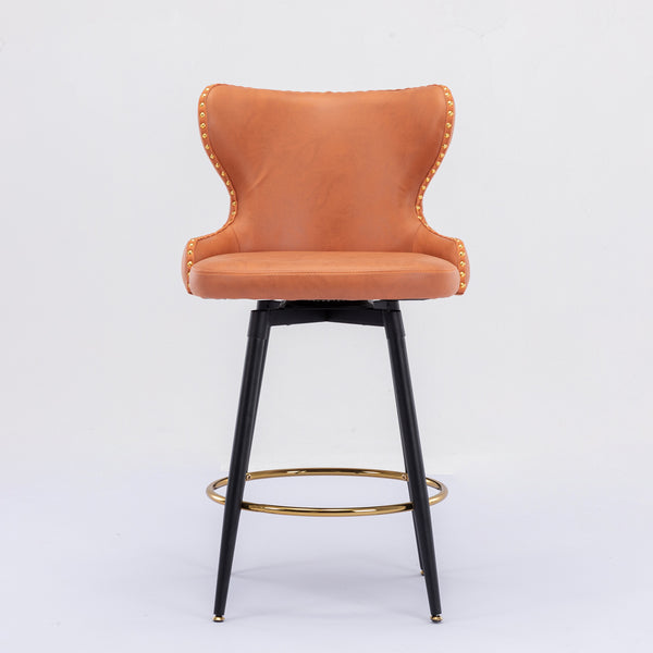 English Elm A&A 25" Counter Height Swivel Bar Stools Set of 2 — Tufted Orange Leathaire Seats, Gold Nailheads, Metal Legs W114353782