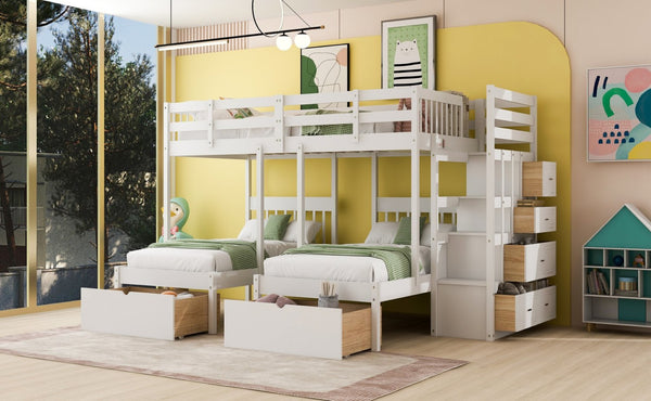 English Elm Full Over Twin Triple Bunk Bed Pine Wood Frame with Storage Drawers and Guardrails LT000443AAK-1