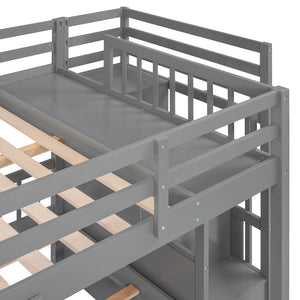English Elm Full Over Twin Triple Bunk Bed Pine Wood Frame with Storage Drawers and Guardrails LT000443AAE-2