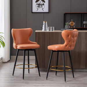 English Elm A&A Modern 25" Counter Height Bar Stools Set of 2 — Orange Leathaire Tufted Swivel Seats with Gold Trim W114353782