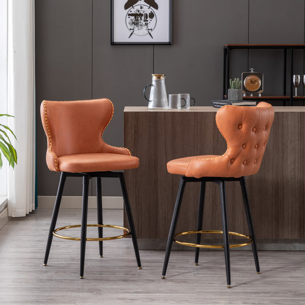 English Elm A&A 25" Counter Height Swivel Bar Stools Set of 2 — Tufted Orange Leathaire Seats, Gold Nailheads, Metal Legs W114353782