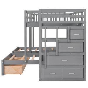 English Elm Full Over Twin Triple Bunk Bed Pine Wood Frame with Storage Drawers and Guardrails LT000443AAE-2