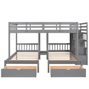 English Elm Full Over Twin Triple Bunk Bed Pine Wood Frame with Storage Drawers and Guardrails LT000443AAE-1