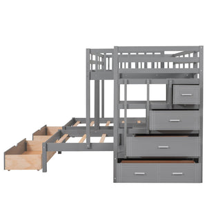 English Elm Full Over Twin Triple Bunk Bed Pine Wood Frame with Storage Drawers and Guardrails LT000443AAE-1