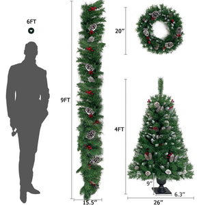 English Elm Pre-lit Holiday Decor 4 Piece Set with Led Garland Wreath and Entrance Trees PX283311AAB
