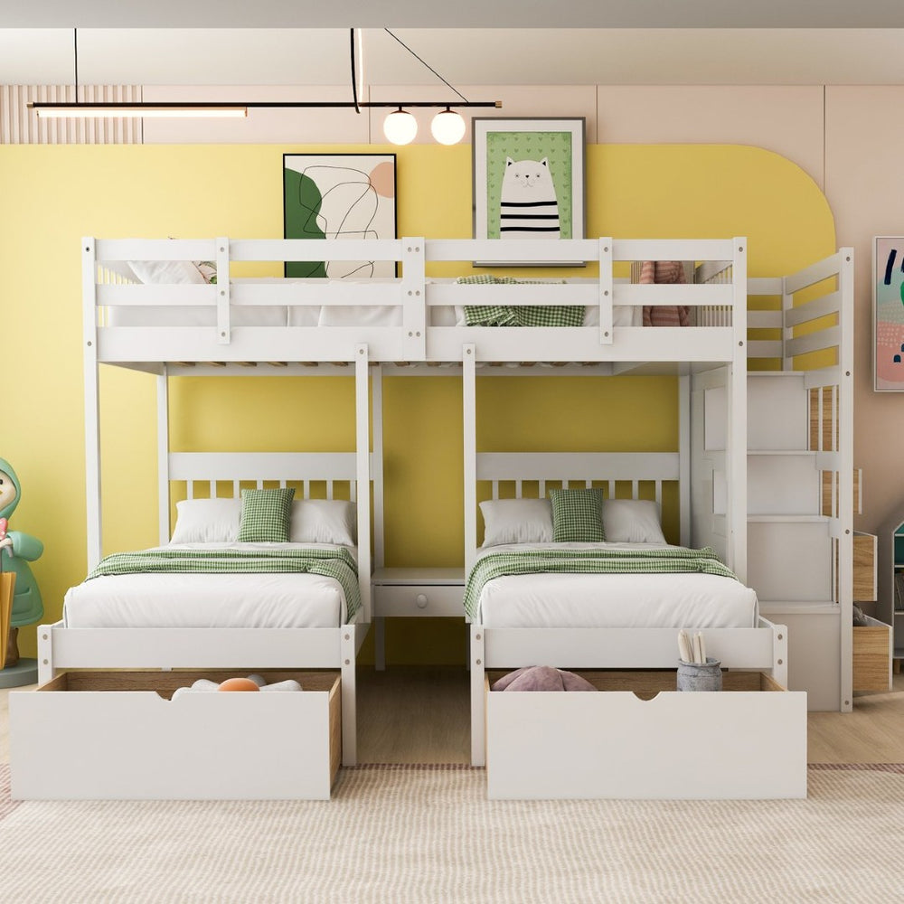 English Elm Full Over Twin Triple Bunk Bed Pine Wood Frame with Storage Drawers and Guardrails LT000443AAK-1