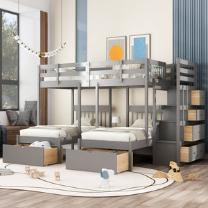 English Elm Full Over Twin Triple Bunk Bed Pine Wood Frame with Storage Drawers and Guardrails LT000443AAE-1