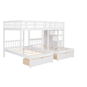 English Elm Full Over Twin Triple Bunk Bed Pine Wood Frame with Storage Drawers and Guardrails LT000443AAK-1