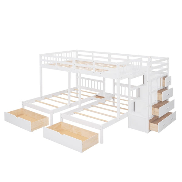 English Elm Full Over Twin Triple Bunk Bed Pine Wood Frame with Storage Drawers and Guardrails LT000443AAK-1