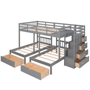 English Elm Full Over Twin Triple Bunk Bed Pine Wood Frame with Storage Drawers and Guardrails LT000443AAE-1